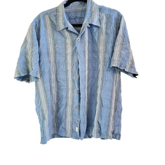 Tommy Bahama Blue Stripped‎ 100% Silk Button Down Vacation Men's Shirt - Picture 1 of 4